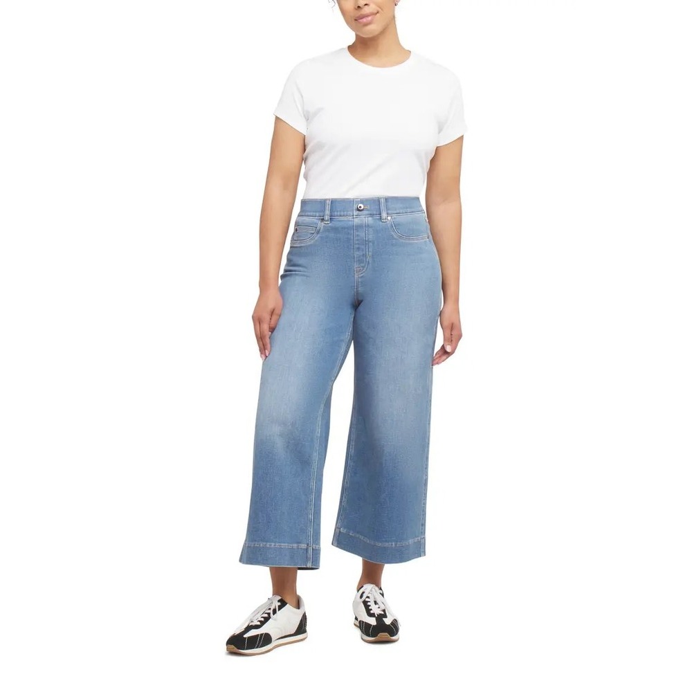 Spanx EveryWear Cropped Wide Leg Jeans Light Indigo Blue 2X Tall Pull On Denim